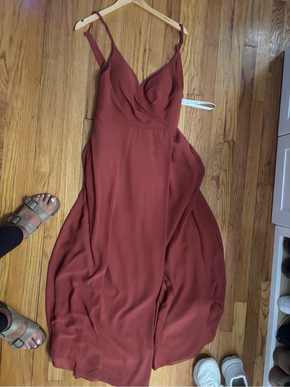 Azazie Elegant Rust Slip Dress with V-Neck and Spaghetti Straps see notes